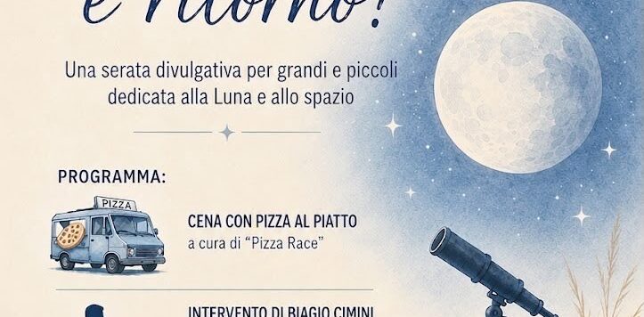 Locandina di Fino alla luna e ritorno, serata astronomica al Fuoriluogo Beach di Scerne di Pineto