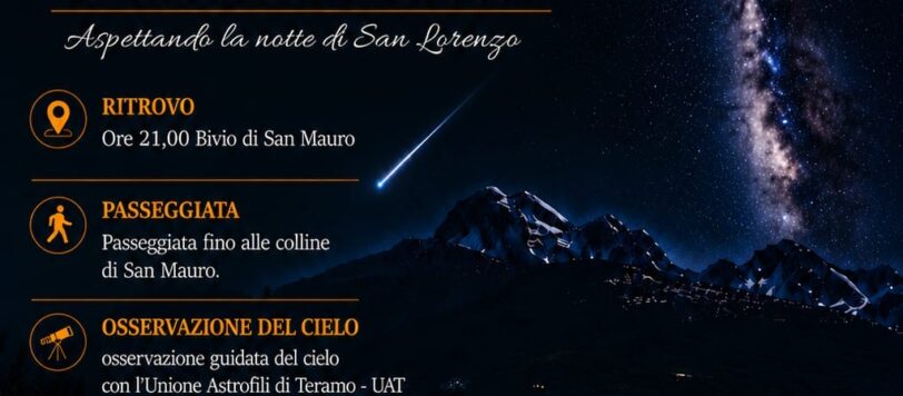 Locandina della Passeggiata sotto le Stelle del 7 agosto a San Mauro, Montorio al Vomano, con osservazione delle Perseidi