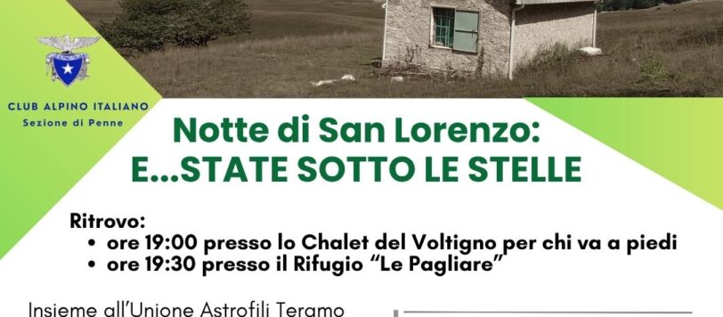 Locandina della Notte di San Lorenzo al Rifugio Le Pagliare del Voltigno, 10 agosto 2026, CAI Penne con l'Unione Astrofili Teramo